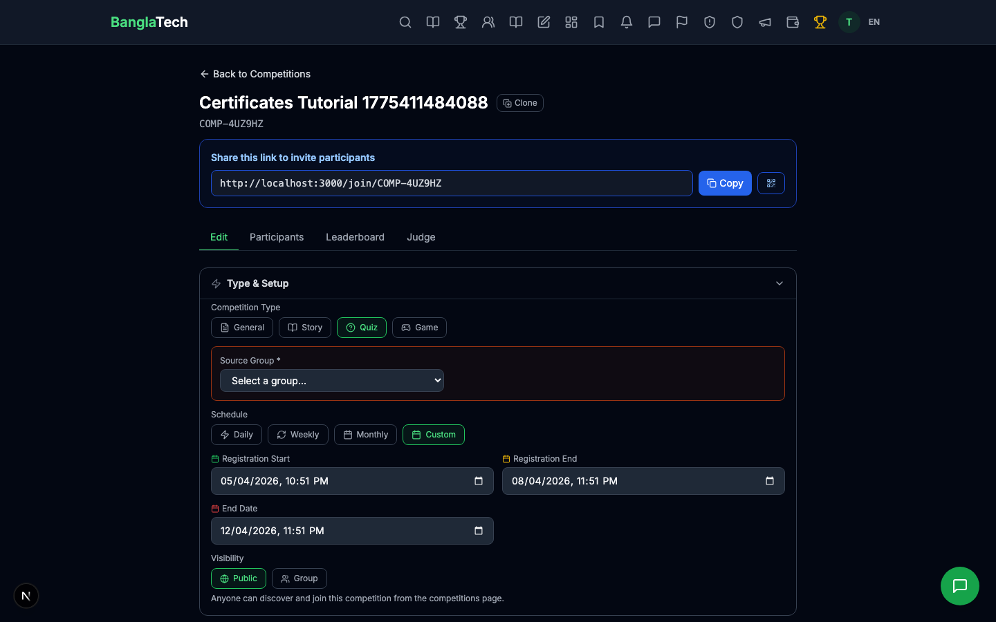 Competition detail with certificates enabled