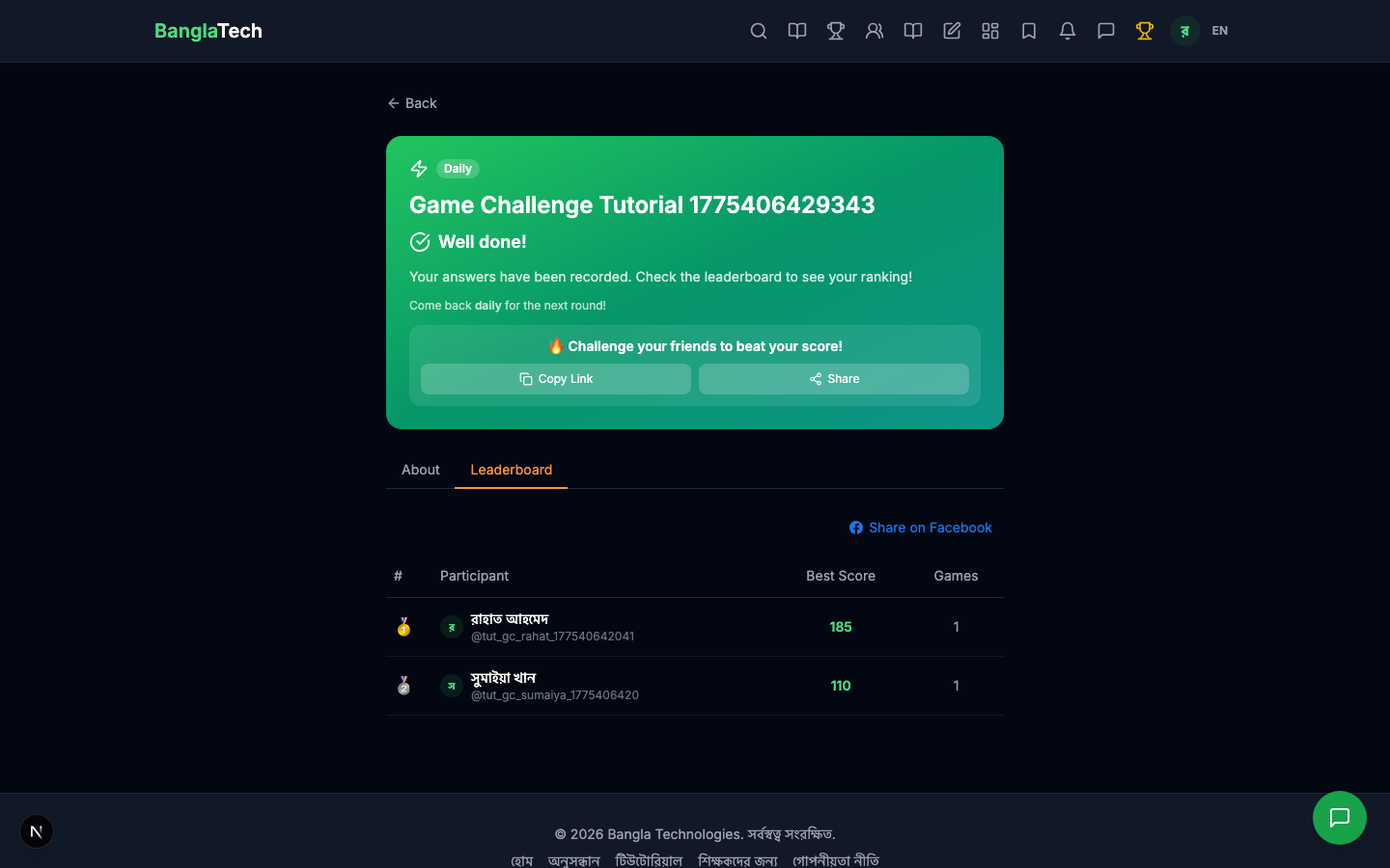 Final daily leaderboard
