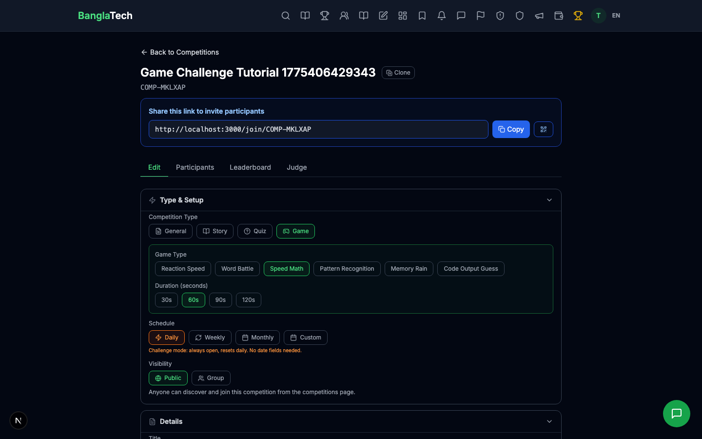 Admin challenge with results