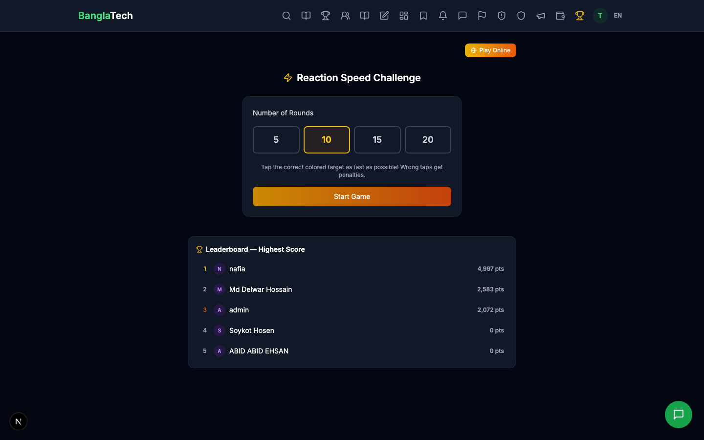 Reaction Speed start screen