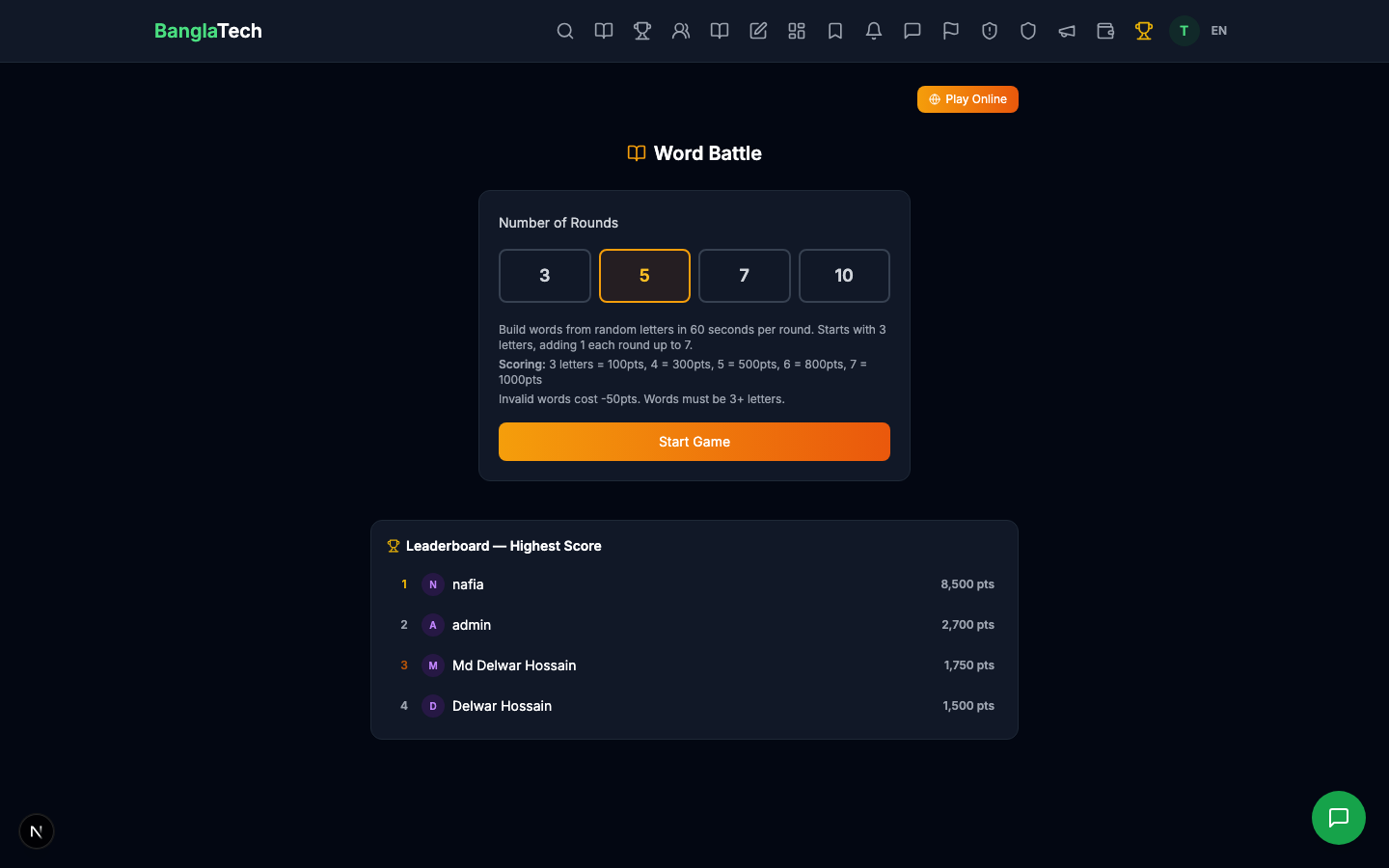Word Battle start screen