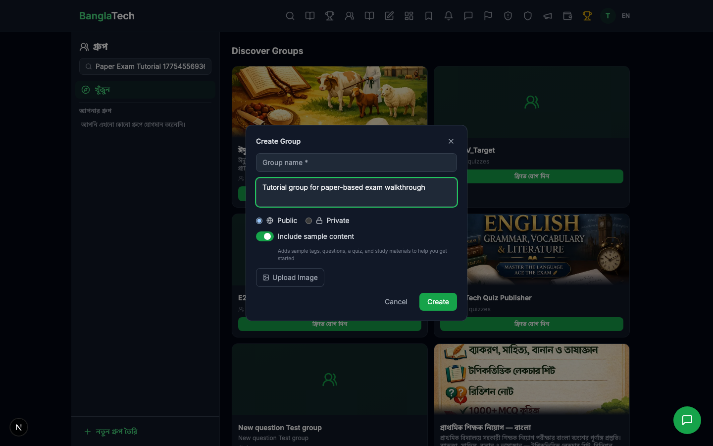 Create group modal filled